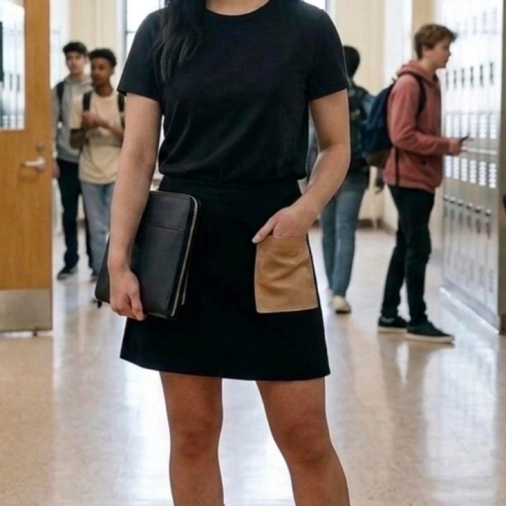 Rachel Rachel Roy Black Mini Skirt Tan Pockets Size 12 Stretch A-Line
